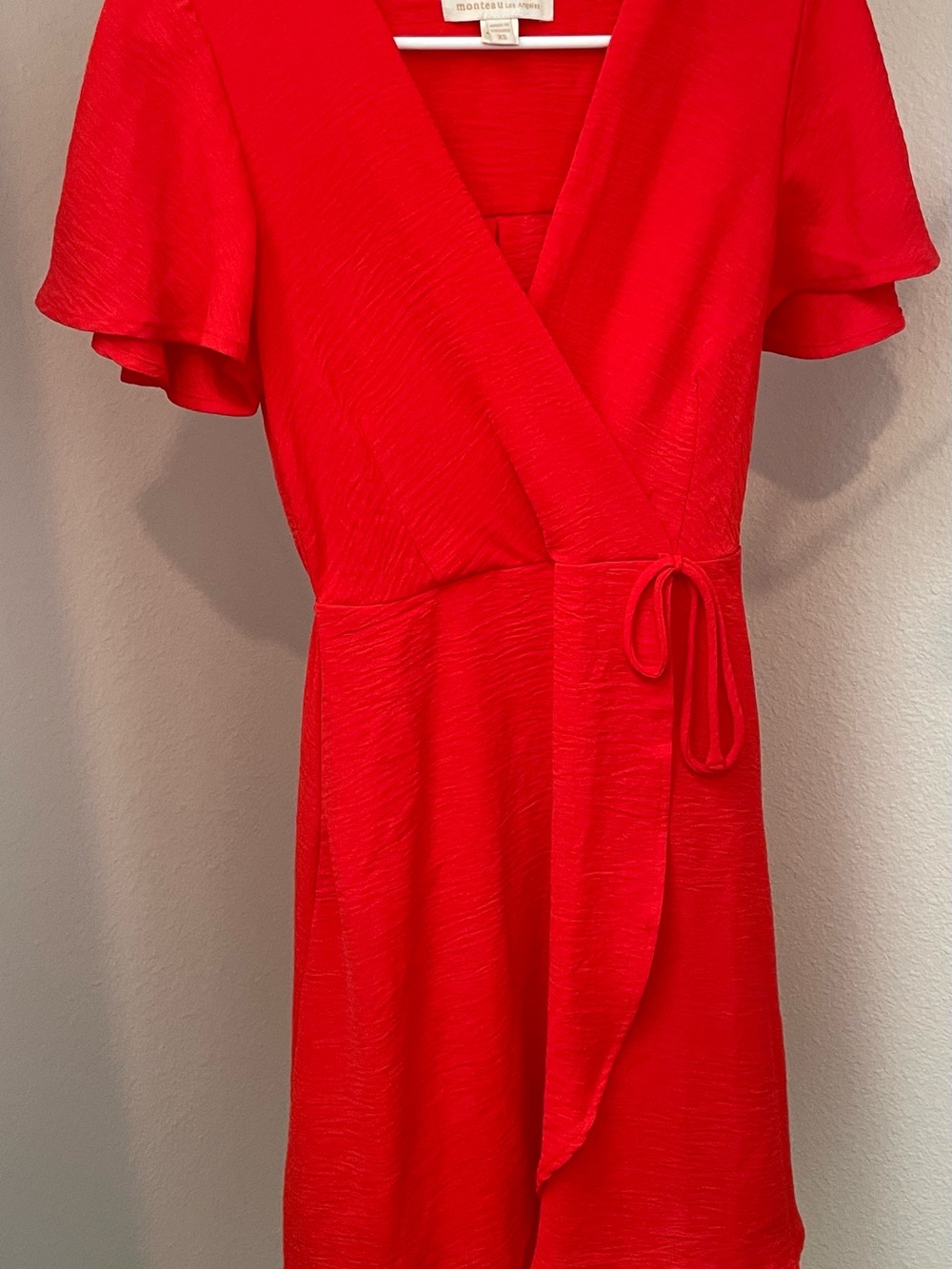 Flutter-Sleeve Red Wrap Mini Dress with Tie Waist